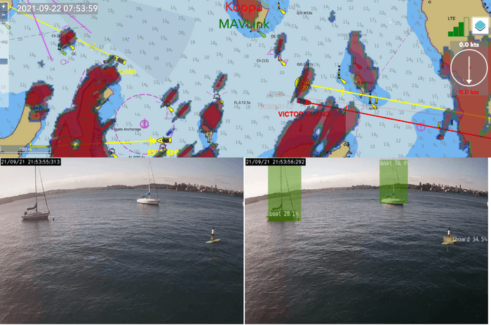 Wed 22 Sept 7.53 am Paddle Boarder detected by camera. Top chart: Mast at RSYS. Bottom left: normal camera. Bottom right: camera algorithm detects and classifies it as a surfboard 34.5%