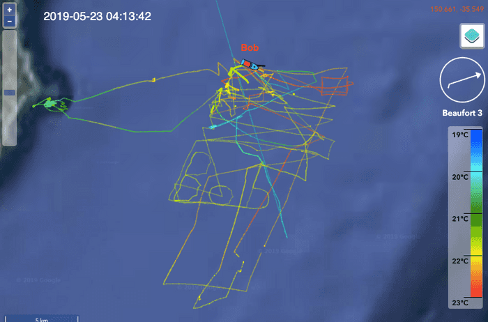 Log of 9 days endurance: colours shows water temperature