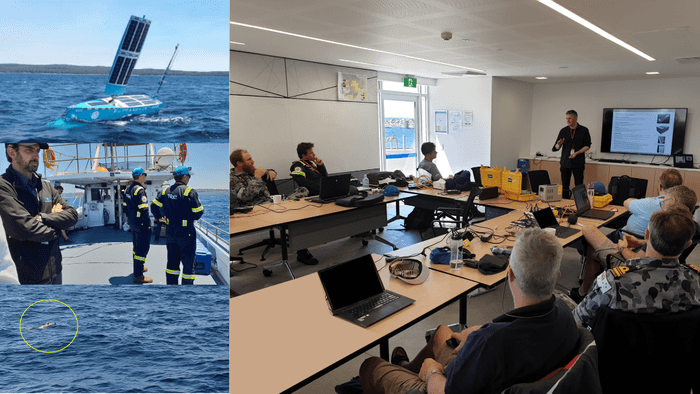 This activity involved two Autonomous Underwater Vehicle (AUVs), a Bluebottle Uncrewed Surface Vessel (USV), support boats, support personnel and observers - photos courtesy of 3ME Technology