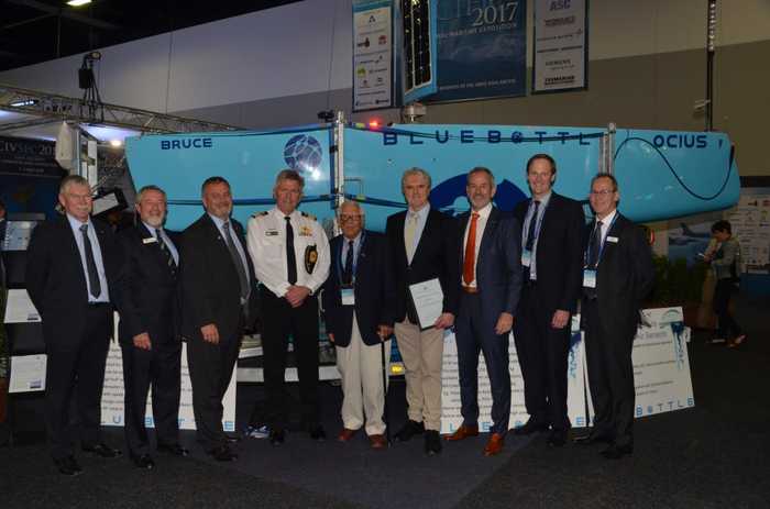 From left to right: Air Vice Marshal Mark Skidmore AM – Spitfire Association , Mr Alan Steber – GM Steber International, Dr Alex Zelinski AO – Chief Defence Scientist, Commander Paul Hornsby – RAN Navy Strategic Command, Mr Lysle Roberts – Spitfire Association , Dr Robert Dane – OCIUS, Mr Chris Lloyd – Vice President Maritime Thales, Mr Duncan Challen – Executive Director at NSW Department of Industry. Commodore, Peter Scott CSC, RAN – Director of Defence NSW